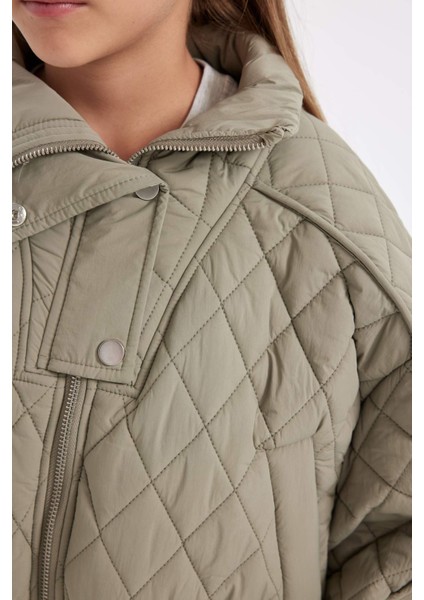 Kız Çocuk Su Geçirmez Dik Yaka Çıtçıtlı Kapitone Beli Lastikli Cepli Şişme Mont C5766A824AU