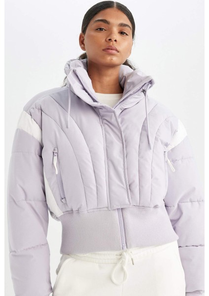 Fit Su İtici Rüzgar Geçirmez Şişme Crop Gizli Kapüşonlu Fermuarlı Cepli Sıcak Tutan Mont C4966AX24WN