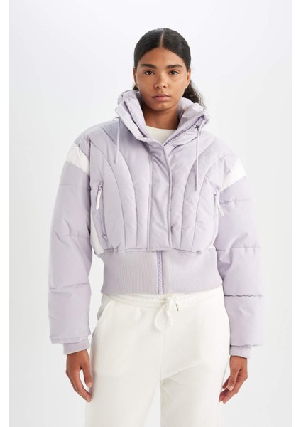 Fit Su İtici Rüzgar Geçirmez Şişme Crop Gizli Kapüşonlu Fermuarlı Cepli Sıcak Tutan Mont C4966AX24WN
