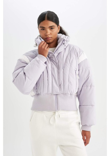 Fit Su İtici Rüzgar Geçirmez Şişme Crop Gizli Kapüşonlu Fermuarlı Cepli Sıcak Tutan Mont C4966AX24WN