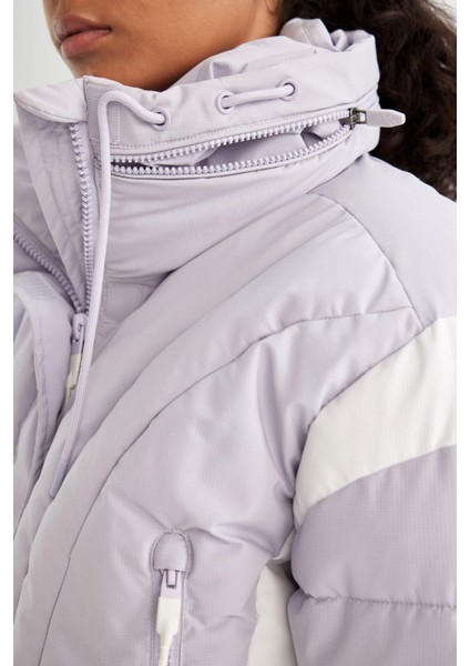 Fit Su İtici Rüzgar Geçirmez Şişme Crop Gizli Kapüşonlu Fermuarlı Cepli Sıcak Tutan Mont C4966AX24WN