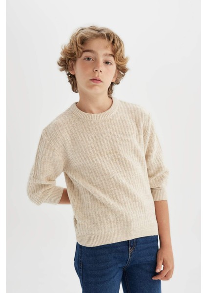 Erkek Çocuk Bej Bisiklet Yaka Basic Düz Triko Kazak C9468A824AU