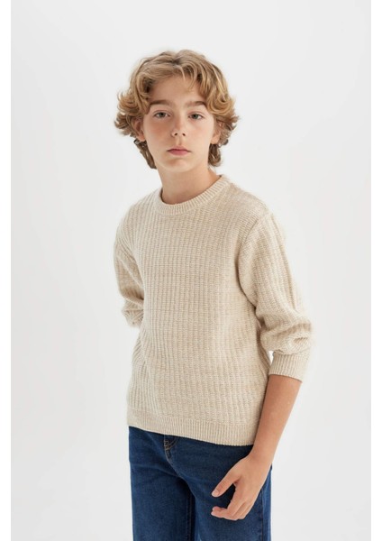 Erkek Çocuk Bej Bisiklet Yaka Basic Düz Triko Kazak C9468A824AU