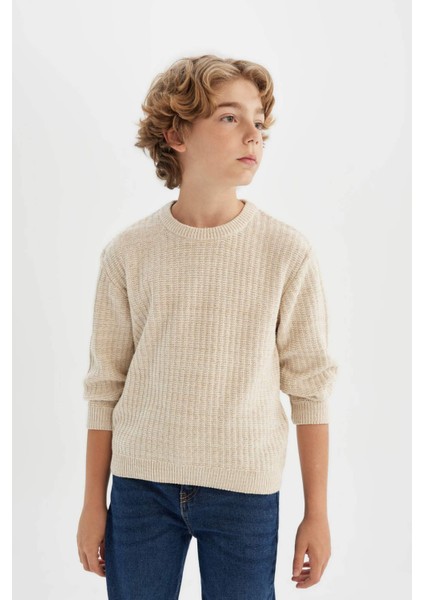 Erkek Çocuk Bej Bisiklet Yaka Basic Düz Triko Kazak C9468A824AU