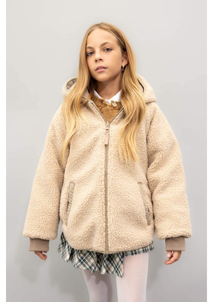 Kız Çocuk Çift Taraflı Fermuarlı Kapüşonlu Cepli Pelüş Mont C5770A824AU