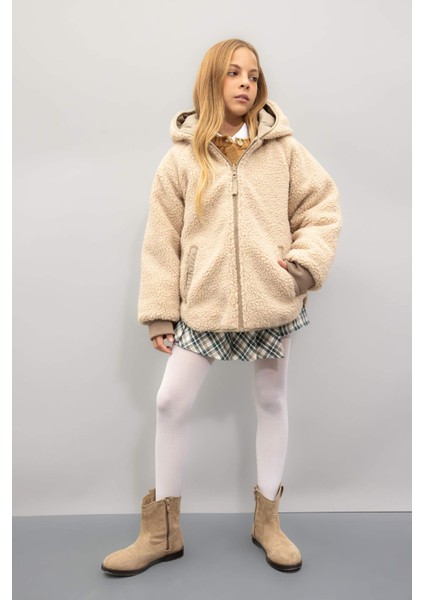 Kız Çocuk Çift Taraflı Fermuarlı Kapüşonlu Cepli Pelüş Mont C5770A824AU