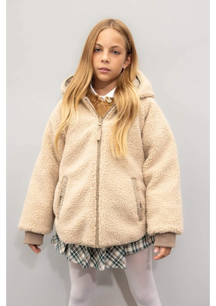 Kız Çocuk Çift Taraflı Fermuarlı Kapüşonlu Cepli Pelüş Mont C5770A824AU