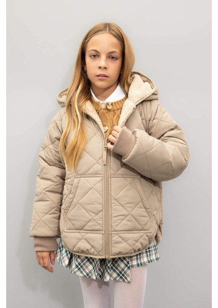 Kız Çocuk Çift Taraflı Fermuarlı Kapüşonlu Cepli Pelüş Mont C5770A824AU