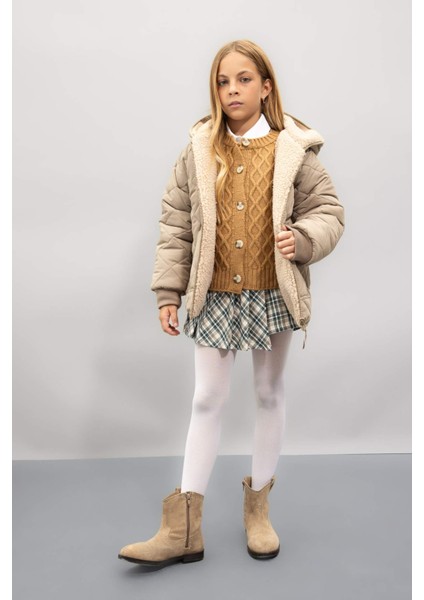 Kız Çocuk Çift Taraflı Fermuarlı Kapüşonlu Cepli Pelüş Mont C5770A824AU