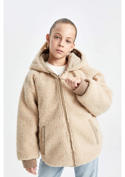 Kız Çocuk Çift Taraflı Fermuarlı Kapüşonlu Cepli Pelüş Mont C5770A824AU