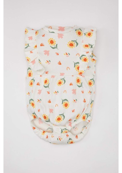 Kız Bebek Yenidoğan Çiçekli Fitilli Kaşkorse Kolsuz Tulum C8728A524SM