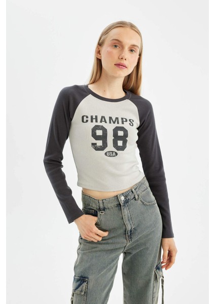 Antrasit Coool Fitted Bisiklet Yaka Fitilli Kaşkorse Baskılı Uzun Kollu Tişört