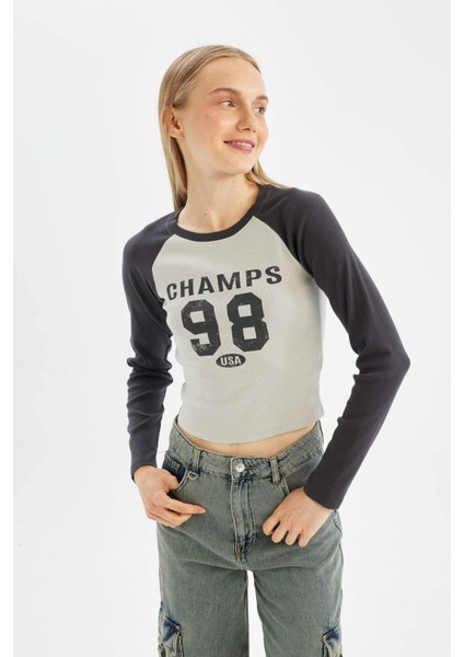 Antrasit Coool Fitted Bisiklet Yaka Fitilli Kaşkorse Baskılı Uzun Kollu Tişört