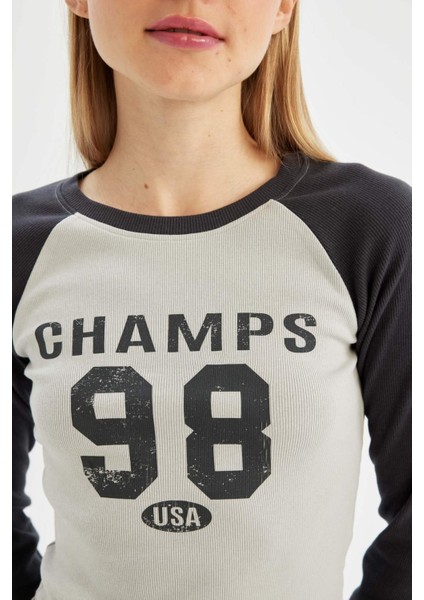 Antrasit Coool Fitted Bisiklet Yaka Fitilli Kaşkorse Baskılı Uzun Kollu Tişört