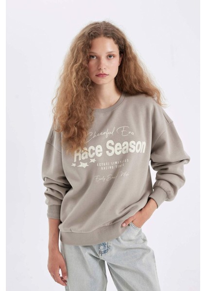 Loose Fit Bisiklet Yaka Baskılı Kalın Sweatshirt C7814AX24WN