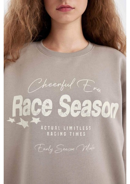 Loose Fit Bisiklet Yaka Baskılı Kalın Sweatshirt C7814AX24WN