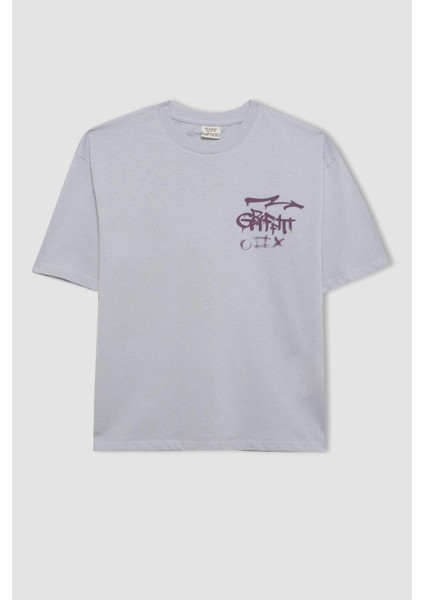 Erkek Çocuk Oversize Geniş Kalıp Bisiklet Yaka Baskılı Kısa Kollu Tişört C6284A824HS