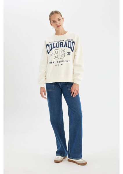 Loose Fit Bisiklet Yaka Baskılı Kalın Sweatshirt C7811AX24WN