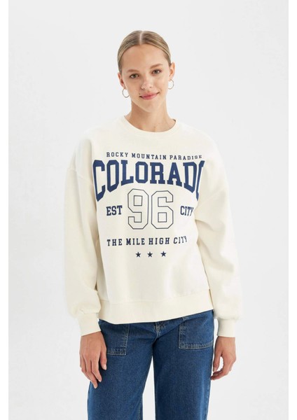 Loose Fit Bisiklet Yaka Baskılı Kalın Sweatshirt C7811AX24WN
