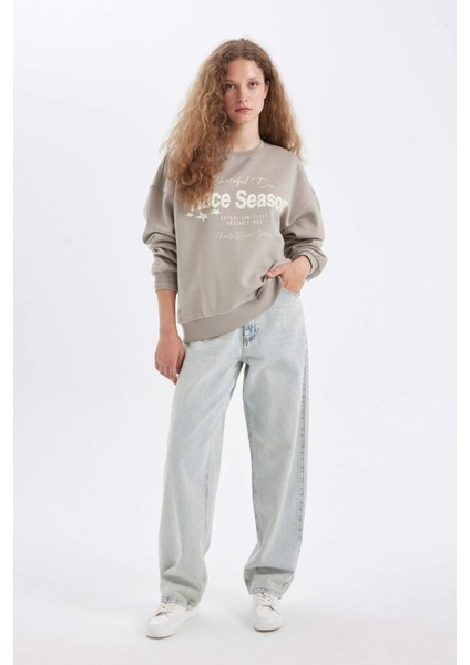 Loose Fit Bisiklet Yaka Baskılı Kalın Sweatshirt C7814AX24WN