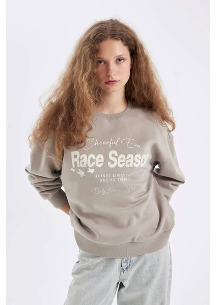 Loose Fit Bisiklet Yaka Baskılı Kalın Sweatshirt C7814AX24WN