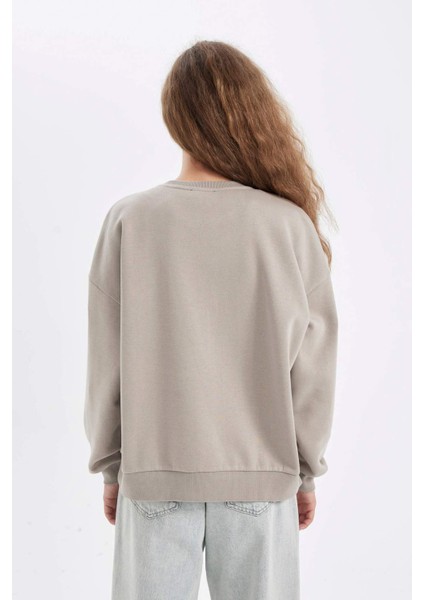 Loose Fit Bisiklet Yaka Baskılı Kalın Sweatshirt C7814AX24WN