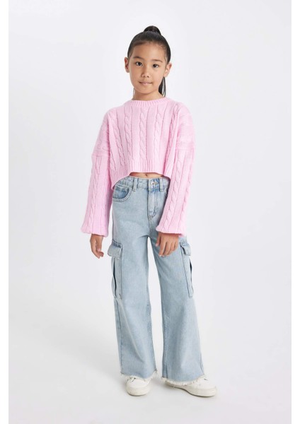Kız Çocuk Crop Bisiklet Yaka Saç Örgülü Triko Kazak C6934A824AU