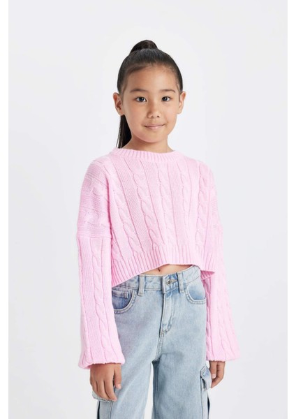 Kız Çocuk Crop Bisiklet Yaka Saç Örgülü Triko Kazak C6934A824AU