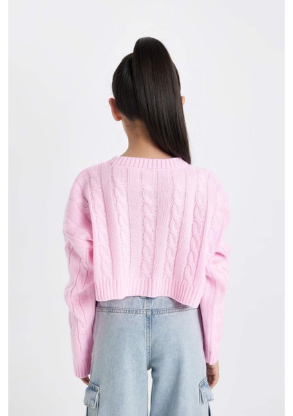 Kız Çocuk Crop Bisiklet Yaka Saç Örgülü Triko Kazak C6934A824AU