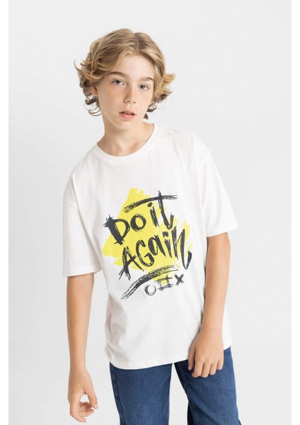 Erkek Çocuk Oversize Geniş Kalıp Bisiklet Yaka Baskılı Kısa Kollu Tişört C6280A824HS