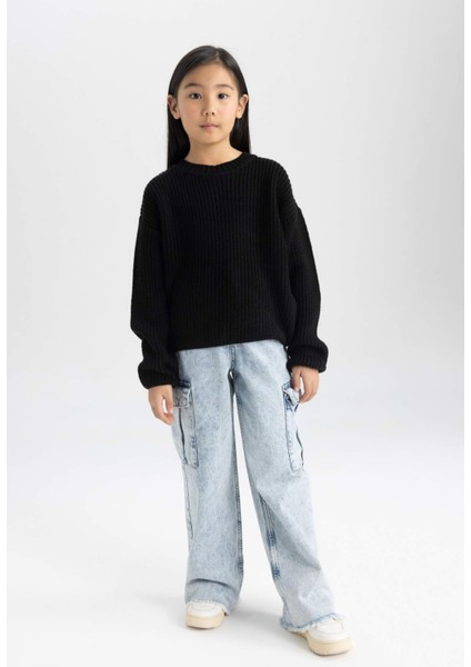 Kız Çocuk Siyah Standart Fit Bisiklet Yaka Basic Düz Triko Kazak C6909A824AU