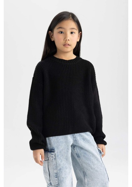 Kız Çocuk Siyah Standart Fit Bisiklet Yaka Basic Düz Triko Kazak C6909A824AU