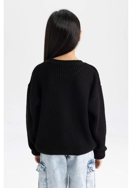 Kız Çocuk Siyah Standart Fit Bisiklet Yaka Basic Düz Triko Kazak C6909A824AU