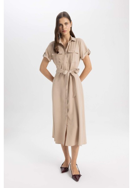 Gömlek Yaka Kemerli Basic Düz Kısa Kollu Midi Elbise C5328AX24SM