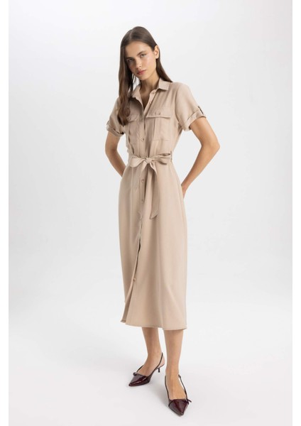 Gömlek Yaka Kemerli Basic Düz Kısa Kollu Midi Elbise C5328AX24SM