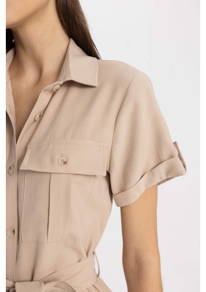 Gömlek Yaka Kemerli Basic Düz Kısa Kollu Midi Elbise C5328AX24SM