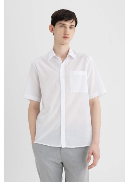 Relax Fit Yazlık Polo Yaka Pamuklu Kısa Kollu Beyaz Gömlek C7598AX24SM