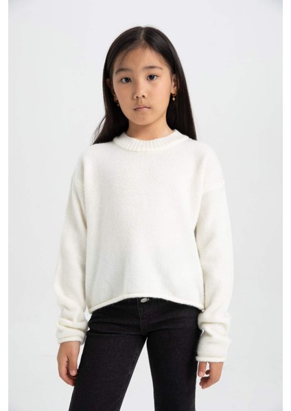 Kız Çocuk Ekru Standart Fit Bisiklet Yaka Basic Düz Triko Kazak C6908A824AU