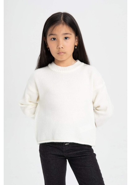 Kız Çocuk Ekru Standart Fit Bisiklet Yaka Basic Düz Triko Kazak C6908A824AU