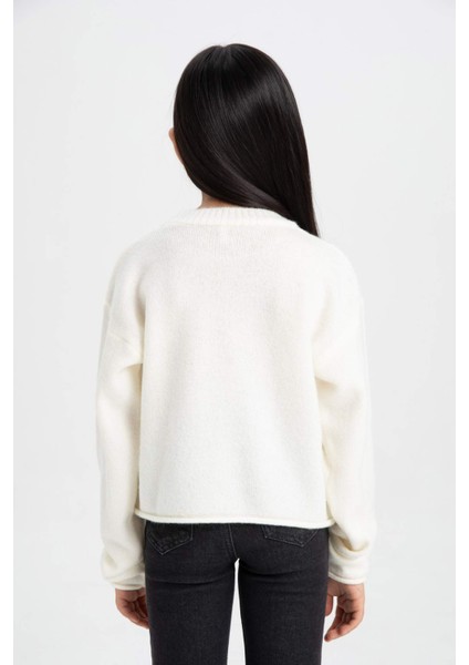 Kız Çocuk Ekru Standart Fit Bisiklet Yaka Basic Düz Triko Kazak C6908A824AU