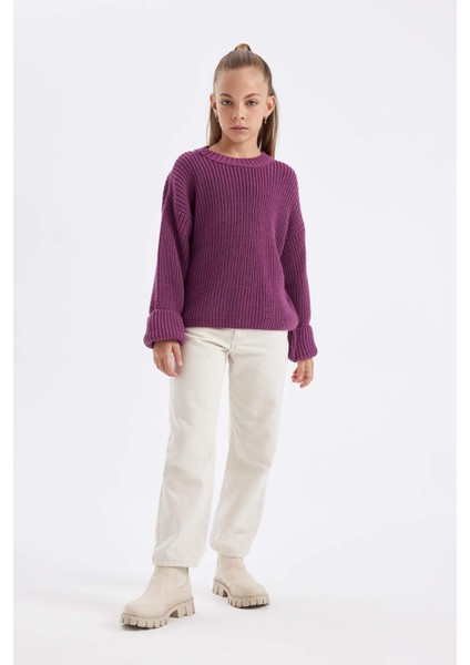 Kız Çocuk Mor Standart Fit Bisiklet Yaka Basic Düz Triko Kazak C6909A824AU