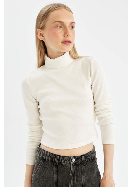 Beyaz Coool Fitted Balıkçı Yaka Fitilli Kaşkorse Basic Düz Uzun Kollu Tişört B6783AX24AU