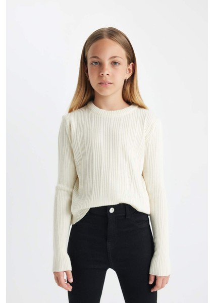 Kız Çocuk Ekru Standart Fit Bisiklet Yaka Triko Kazak C6911A824AU