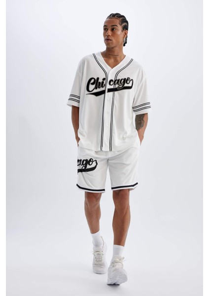 Fit Oversize Geniş Kalıp Gömlek Yaka Nakışlı Sporcu Ağır Kumaş Kısa Kollu Tişört