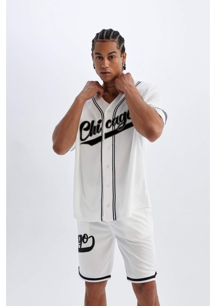 Fit Oversize Geniş Kalıp Gömlek Yaka Nakışlı Sporcu Ağır Kumaş Kısa Kollu Tişört