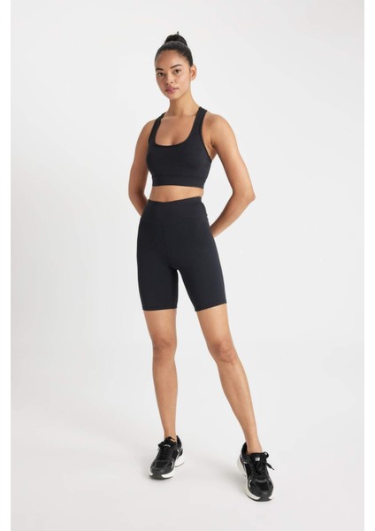 Fit Siyah Yüksek Bel Beli Saran Biker Esnek Kısa Basic Sporcu Tayt Z6741AZ24AU