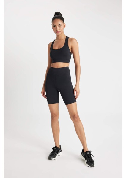 Fit Siyah Yüksek Bel Beli Saran Biker Esnek Kısa Basic Sporcu Tayt Z6741AZ24AU