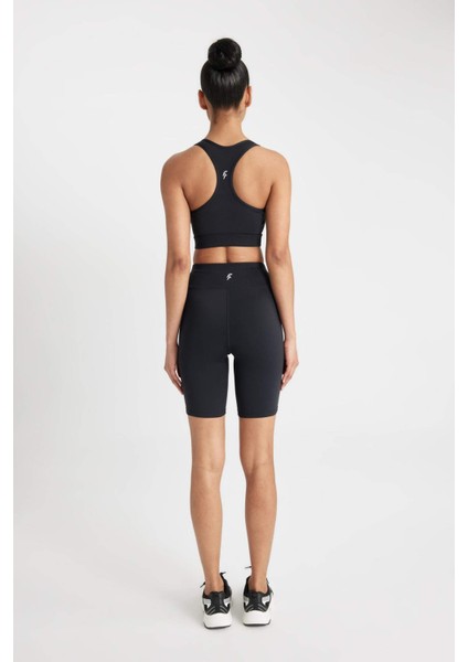Fit Siyah Yüksek Bel Beli Saran Biker Esnek Kısa Basic Sporcu Tayt Z6741AZ24AU