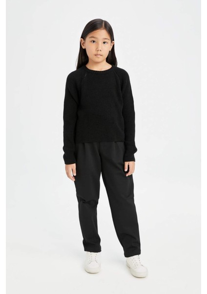 Kız Çocuk Siyah Standart Fit Bisiklet Yaka Basic Düz Triko Kazak C6910A824AU