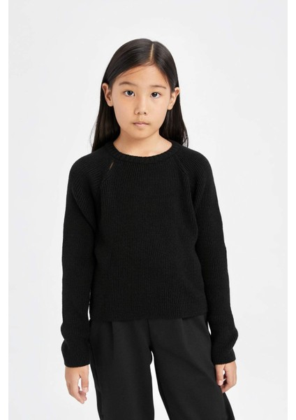 Kız Çocuk Siyah Standart Fit Bisiklet Yaka Basic Düz Triko Kazak C6910A824AU